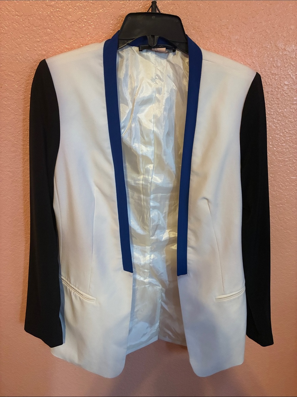 Colorblock Open-Front Blazer in White with Black Sleeves and Blue Trim